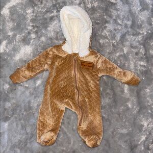 Tahari Baby Hooded Snowsuit Sherpa Lined Quilted Tan One Piece Winter